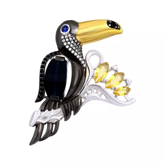 Брошь с цитрином и фианитом из серебра